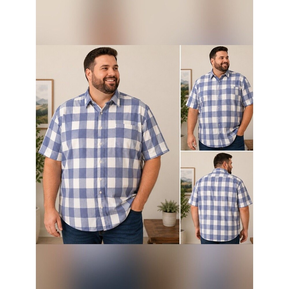 KingSize 2XL Big TallBlue White Plaid Button Up Shirt Cotton Casual Short Sleeve